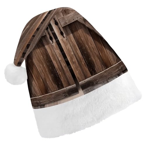 YJWANDL Weiche und gemütliche Weihnachtsmütze, Vintage-Holz-Scheunentür-Druck, Weihnachtsmütze, perfekte Weihnachtsmütze für Feiertage und Winterfeiern von YJWANDL