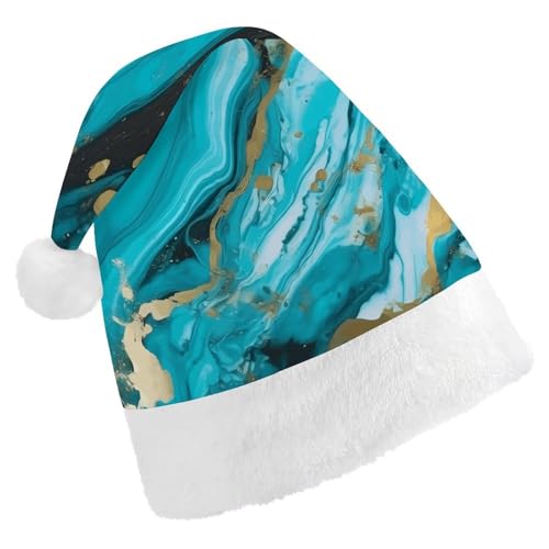 YJWANDL Weiche und gemütliche Weihnachtsmütze, türkis-blau-goldener Marmor-Druck, Weihnachtsmütze, perfekte Weihnachtsmütze für Feiertage und Winterfeiern von YJWANDL