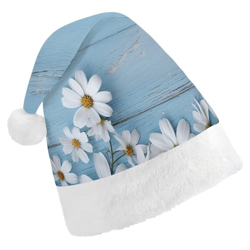 YJWANDL Weiche und gemütliche Weihnachtsmütze, weiße Blumen, hellblau, Holzdruck, Weihnachtsmütze, perfekte Weihnachtsmütze für Feiertage und Winterfeiern von YJWANDL