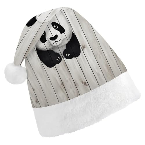 YJWANDL Weiche und gemütliche Weihnachtsmütze, weißer Holz-Panda-Druck, Weihnachtsmütze, perfekte Weihnachtsmütze für Feiertage und Winterfeiern von YJWANDL