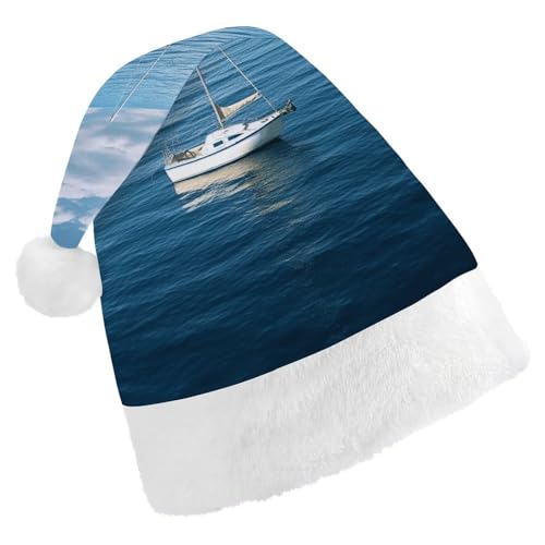 YJWANDL Weiche und gemütliche Weihnachtsmütze, weißes Boot auf blauem Meer, lustiger Weihnachtsmütze, perfekte Weihnachtsmütze für Feiertage und Winterfeiern von YJWANDL