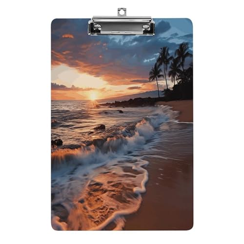 YJWANDO A4-Klemmbrett für 100 Blatt, Strand, Maui, Hawaii, Sonnenuntergang, Meer, Wellen, Wolken, Druck, Acryl-Klemmbrett, Büro-Klemmbrett für Restaurants, Unternehmen, Outdoor, Stil von YJWANDO