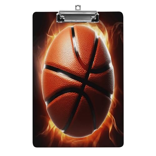 YJWANDO Klemmbrett für 100 Blatt, Motiv: Basketball auf Feuer, Acryl-Klemmbrett, Büro-Klemmbrett für Restaurants, Unternehmen, Outdoor, Stil von YJWANDO