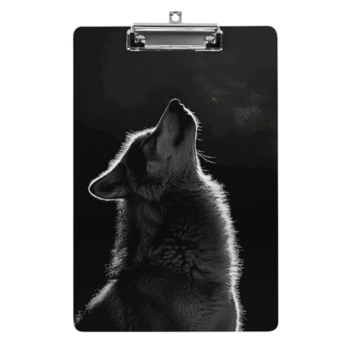 YJWANDO Klemmbrett für 100 Blatt, Motiv: Wolf mit Mond-Motiv, Acryl-Klemmbrett, Büro-Klemmbrett für Restaurants, Unternehmen, Outdoor, Stil von YJWANDO