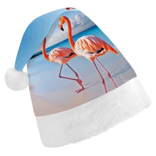 YJWANDO Weihnachtsmütze, Flamingo am Strand, bedruckt, Winter, Weihnachtsfeiern, festliche Nikolausmütze von YJWANDO