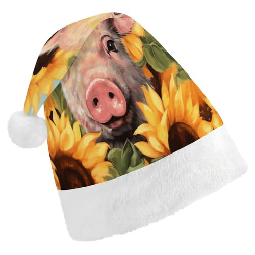 YJWANDO Weihnachtsmütze, Schwein mit Sonnenblumen-Druck, Winter, Weihnachtsfeier, festliche Nikolausmütze von YJWANDO