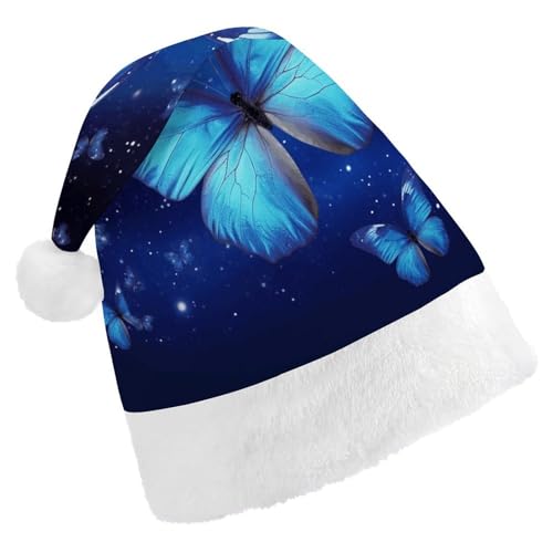 YJWANDO Weihnachtsmütze, blauer Sternenschmetterling-Druck, Winter, Weihnachtsfeiern, festliche Nikolausmütze von YJWANDO