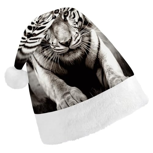 YJWANDO Weihnachtsmütze, schwarz-weißer Tiger-Druck, Winter, Weihnachtsfeier, festliche Nikolausmütze von YJWANDO