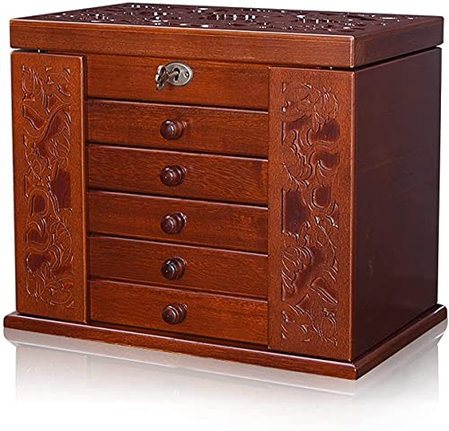 Schmuckschatulle, Schmuckschatulle aus Holz mit Blumenschnitzerei, Aufbewahrungskoffer mit Spiegel und Schloss für Ohrringe, Ringe und Halsketten, 6-stufiger Schmuck-Organizer mit 5 herausnehmba von YJYJY