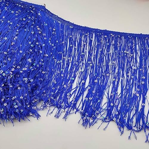 YKAFADE 10 Meter Länge 20cm Breite Pailletten Fransenbordüre Fransenband DIY Fransen Tanzfransen Geschnitten Fransenborte für DIY, Lateinisches Kleid Nähzubehör Kostüm Vorhänge Dekoration-Blau von YKAFADE