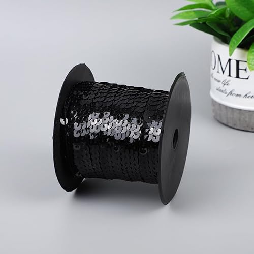 YKAFADE 100 Yard Paillettenband 6mm Breites Bunte Paillette Trim Glänzende Paillettenbänder Flache Glitzerborte für DIY Handwerk Bastelprojekte Tanzbekleidungen Armband-Schwarz von YKAFADE