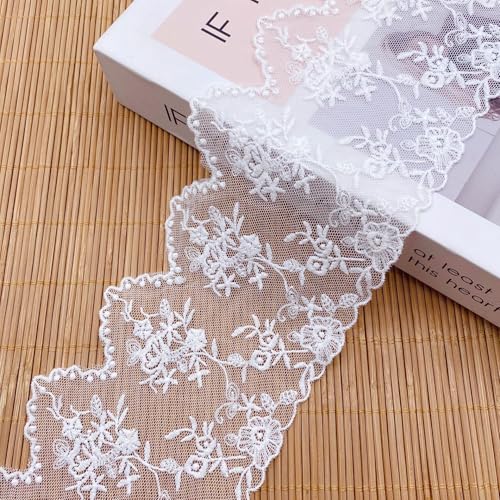 YKAFADE 15 Yard Spitzenband 10.5cm Weiß Spitzenbordüre Spitzen Blumen Vintage Spitzenbordüre Stickerei Dekoband Zierband Blumenband für Nähen Handwerk Dessous Hochzeitskleid Hochzeit Haus Deko von YKAFADE