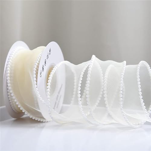 YKAFADE 3 Rollen x 4,5m Organzaband mit Perlen 40mm Breit Geschenkband Schimmernd Organza Bänder Schleifenband zum Basteln für Hochzeit,Weihnachten,Geburtstag,Blumenstrauß Geschenkverpackung -Beige von YKAFADE