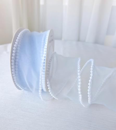 YKAFADE 3 Rollen x 4,5m Organzaband mit Perlen 40mm Breit Geschenkband Schimmernd Organza Bänder Schleifenband zum Basteln für Hochzeit,Weihnachten,Geburtstag,Blumenstrauß Geschenkverpackung -Blau von YKAFADE