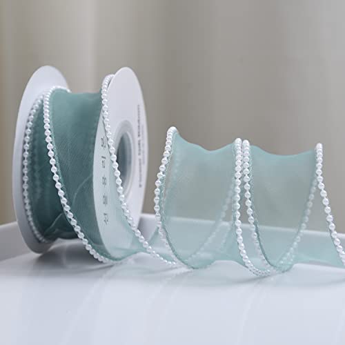 YKAFADE 3 Rollen x 4,5m Organzaband mit Perlen 40mm Breit Geschenkband Schimmernd Organza Bänder Schleifenband zum Basteln für Hochzeit,Weihnachten,Geburtstag,Blumenstrauß Geschenkverpackung -Grün von YKAFADE