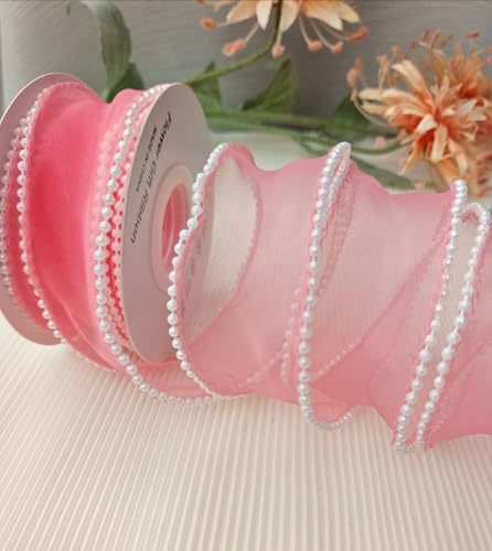 YKAFADE 3 Rollen x 4,5m Organzaband mit Perlen 40mm Breit Geschenkband Schimmernd Organza Bänder Schleifenband zum Basteln für Hochzeit,Weihnachten,Geburtstag,Blumenstrauß Geschenkverpackung -Pink von YKAFADE