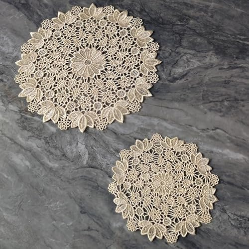 YKAFADE 4 Stück 15cm Runde Beige Bestickte Tischmatte,Handgefertigt Tischset Geklöppelt Spitzendeckchen Häkeldeckchen Tischläufer Vintage Tischdeckchen Untersetzer für Küche Esszimmer Party Hochzeit von YKAFADE