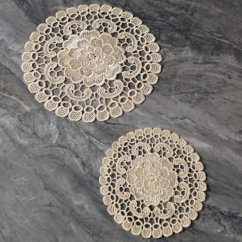 YKAFADE 4 Stück 15cm Runde Beige Bestickte Tischmatte,Handgefertigt Tischset Geklöppelt Spitzendeckchen Häkeldeckchen Tischläufer Vintage Tischdeckchen Untersetzer für Küche Esszimmer Party Hochzeit von YKAFADE