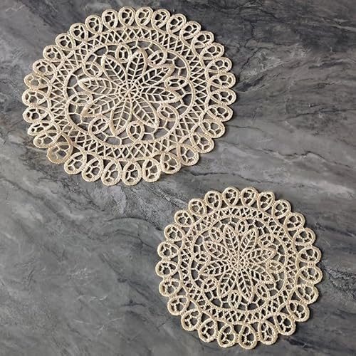 YKAFADE 4 Stück 15cm Runde Beige Bestickte Tischmatte,Handgefertigt Tischset Geklöppelt Spitzendeckchen Häkeldeckchen Tischläufer Vintage Tischdeckchen Untersetzer für Küche Esszimmer Party Hochzeit von YKAFADE