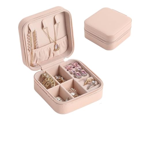 YKJGRTF Schmuckkästchen, Organizer, Schmuck-Aufbewahrungsbox, 1 Stück, Mini-Schmuck-Organizer, Reise-Schmuck-Organizer, Reißverschluss, Box, Ohrringe, Halskette, Ring, tragbare Schmuckschatulle (Rosa) von YKJGRTF