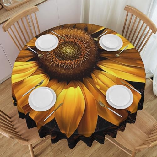 Runde Tischdecke mit Sonnenblumen-Motiv, 152 cm Durchmesser, wasserfester Stoff, dekorative Tischdecke mit Spitzenrand, für Essen/Party/Buffet/Hochzeit von YKLJG