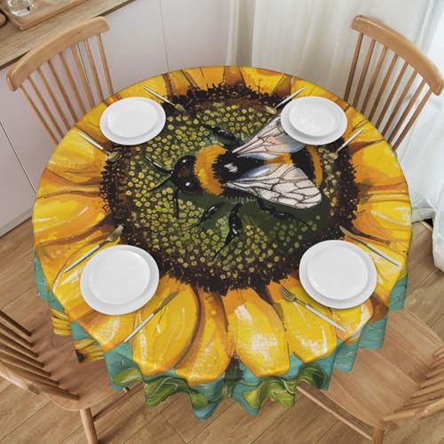 YKLJG Bee & Sunflowers Bedruckte runde Tischdecke, 152 cm Durchmesser, wasserdichte Stoff-Tischdecke, dekorative Tischdecke mit Spitzenrand für Essen/Party/Buffet/Hochzeit von YKLJG