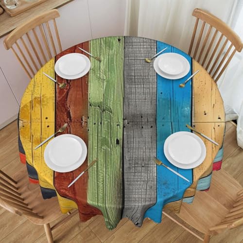 YKLJG Bunte Holztischdecke, bedruckt, rund, 152 cm Durchmesser, wasserdichter Stoff, dekorative Tischdecke mit Spitzenrand für Essen/Party/Buffet/Hochzeit von YKLJG