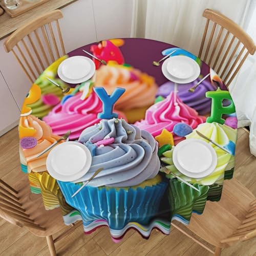 YKLJG Bunte runde Tischdecke "Happy Birthday", bedruckt, 152 cm Durchmesser, wasserdichte Stoff-Tischdecke, dekorative Tischdecke mit Spitzenrand für Essen/Party/Buffet/Hochzeit von YKLJG