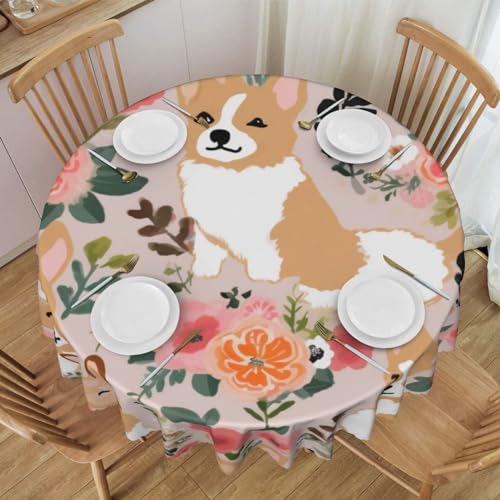 YKLJG Corgi Runde Tischdecke mit Blumenmuster, 152 cm Durchmesser, wasserdichter Stoff, dekorative Tischdecke mit Spitzenrand, für Essen/Party/Buffet/Hochzeit von YKLJG