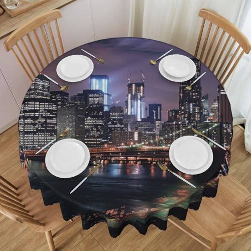 YKLJG New York Night bedruckte runde Tischdecke, 152 cm Durchmesser, wasserdichter Stoff, dekorative Tischdecke mit Spitzenrand, für Essen/Party/Buffet/Hochzeit von YKLJG