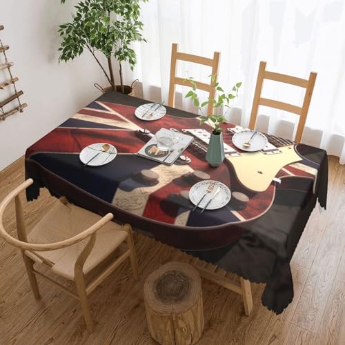 YKLJG Rechteckige Tischdecke, Motiv: Gitarre, britische Flagge, bedruckt, 183 x 137 cm, wasserdichter Stoff, dekorative Tischdecke mit Spitzenrand, für Essen/Party/Buffet/Hochzeit von YKLJG