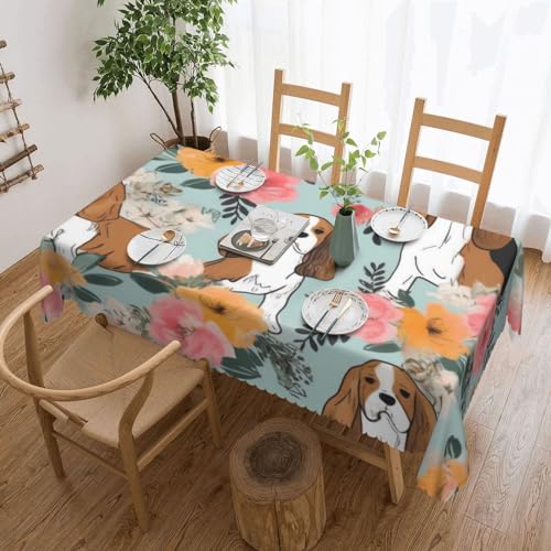 YKLJG Rechteckige Tischdecke, Motiv: Sweet Basset Hound Florals, 183 x 137 cm, wasserdichter Stoff, dekorative Tischdecke mit Spitzenrand, für Essen/Party/Buffet/Hochzeit von YKLJG