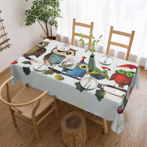 YKLJG Rechteckige Tischdecke, Motiv: niedliche Weihnachts-Eulen auf Ast, bedruckt, 183 x 137 cm, wasserdichter Stoff, dekorative Tischdecke mit Spitzenrand für Essen/Party/Buffet/Hochzeit von YKLJG