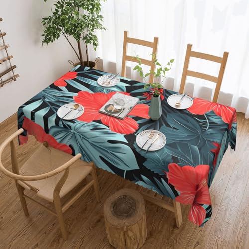 YKLJG Rechteckige Tischdecke, Motiv: roter Hibiskus, 183 x 137 cm, wasserdichter Stoff, dekorative Tischdecke mit Spitzenrand, für Essen/Party/Buffet/Hochzeit von YKLJG