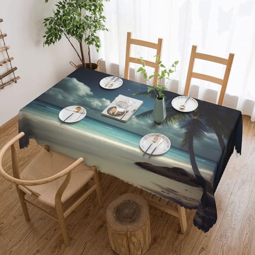 YKLJG Rechteckige Tischdecke, Motiv: tropische Strandpalme mit Vollmonddruck, 183 x 137 cm, wasserdichter Stoff, dekorative Tischdecke mit Spitzenrand für Essen/Party/Buffet/Hochzeit von YKLJG