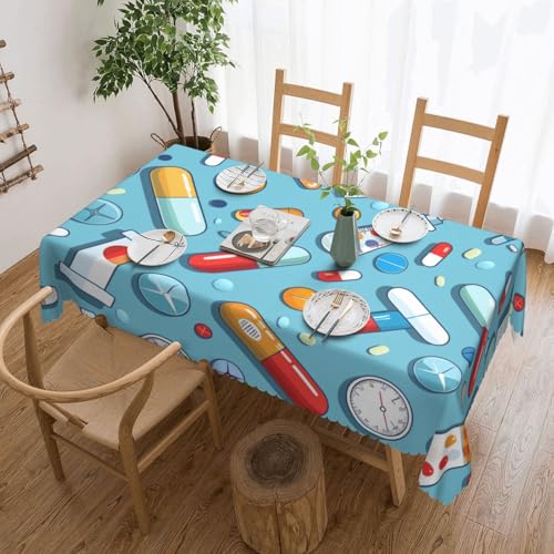 YKLJG Rechteckige Tischdecke mit Cartoon-Medizin-Muster, 183 x 137 cm, wasserdichter Stoff, dekorative Tischdecke mit Spitzenrand, für Essen/Party/Buffet/Hochzeit von YKLJG