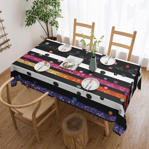 YKLJG Rechteckige Tischdecke mit Glitzer-Regenbogen-Punkten und schwarz-weißen Streifen, 183 x 137 cm, wasserdichter Stoff, dekorative Tischdecke mit Spitzenrand für Essen/Party/Buffet/Hochzeit von YKLJG