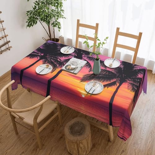 YKLJG Rechteckige Tischdecke mit Palmen-Silhouette bei Sonnenuntergang, 183 x 137 cm, wasserdichter Stoff, dekorative Tischdecke mit Spitzenrand für Essen/Party/Buffet/Hochzeit von YKLJG