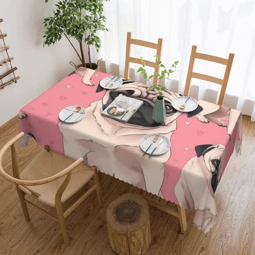 YKLJG Rechteckige Tischdecke mit niedlichem Mops-Motiv, 183 x 137 cm, wasserdichte Stoff-Tischdecke, dekorative Tischdecke mit Spitzenrand, für Essen/Party/Buffet/Hochzeit von YKLJG