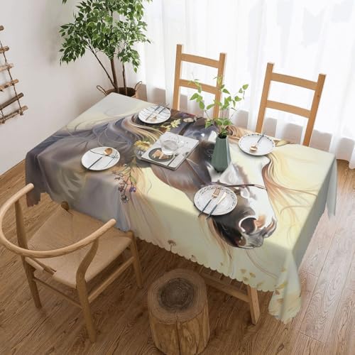 YKLJG Rechteckige Tischdecke mit niedlichem Pferd, 183 x 137 cm, wasserdichte Stoff-Tischdecke, dekorative Tischdecke mit Spitzenrand, für Essen/Party/Buffet/Hochzeit von YKLJG