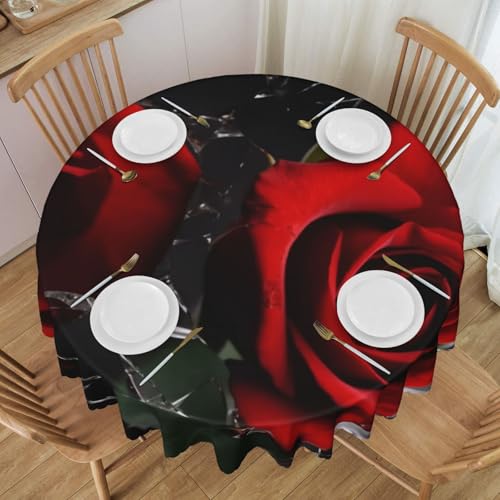 YKLJG Rote Rose bedruckte runde Tischdecke, 152 cm Durchmesser, wasserdichter Stoff, dekorative Tischdecke mit Spitzenrand, für Essen/Party/Buffet/Hochzeit von YKLJG