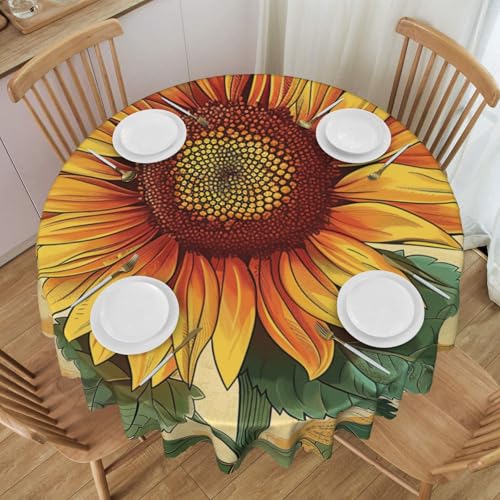 YKLJG Runde Tischdecke, Retro-Sonnenblumen-Druck, 152 cm Durchmesser, wasserdichter Stoff, dekorative Tischdecke mit Spitzenrand, für Essen/Party/Buffet/Hochzeit von YKLJG