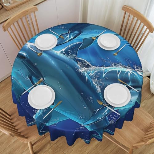 YKLJG Runde Tischdecke mit Delfin-Druck, 152 cm Durchmesser, wasserdichter Stoff, dekorative Tischdecke mit Spitzenrand, für Essen/Party/Buffet/Hochzeit von YKLJG