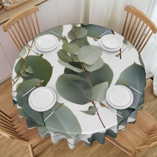 YKLJG Runde Tischdecke mit Eukalyptusblättern, 152 cm Durchmesser, wasserdichter Stoff, dekorative Tischdecke mit Spitzenrand, für Essen/Party/Buffet/Hochzeit von YKLJG