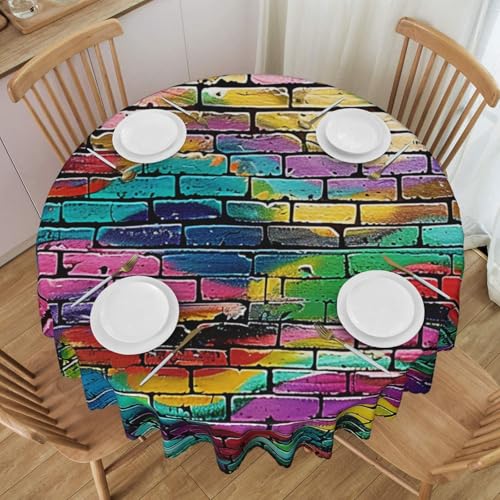 YKLJG Runde Tischdecke mit Graffiti-Ziegelstein-Druck, 152 cm Durchmesser, wasserdichter Stoff, dekorative Tischdecke mit Spitzenrand, für Essen/Party/Buffet/Hochzeit von YKLJG