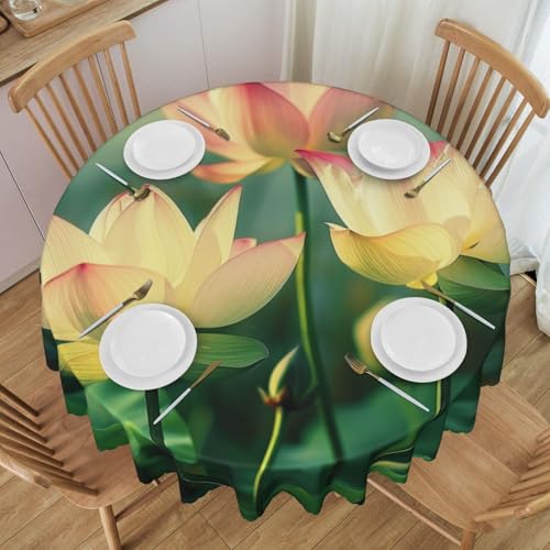 YKLJG Runde Tischdecke mit Lotusblumen-Druck, 152 cm Durchmesser, wasserdichter Stoff, dekorative Tischdecke mit Spitzenrand, für Essen/Party/Buffet/Hochzeit von YKLJG