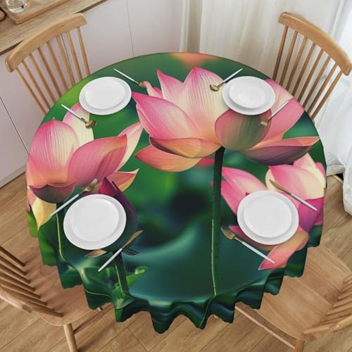 YKLJG Runde Tischdecke mit Lotusblumen-Motiv, 152 cm Durchmesser, wasserdichter Stoff, dekorative Tischdecke mit Spitzenrand, für Essen/Party/Buffet/Hochzeit von YKLJG