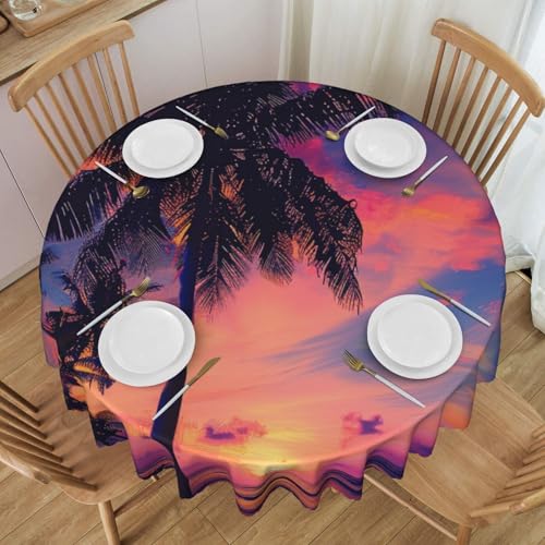 YKLJG Runde Tischdecke mit Palmen-Sonnenuntergang, bedruckt, 152 cm Durchmesser, wasserdichter Stoff, dekorative Tischdecke mit Spitzenrand für Essen/Party/Buffet/Hochzeit von YKLJG