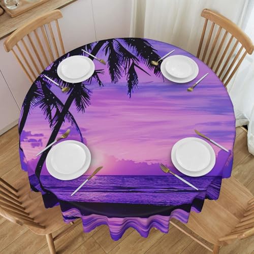 YKLJG Runde Tischdecke mit Palmenmotiv, bedruckt, Sonnenuntergang, 152 cm Durchmesser, wasserdichter Stoff, dekorative Tischdecke mit Spitzenrand für Essen/Party/Buffet/Hochzeit von YKLJG