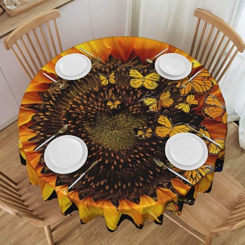 YKLJG Runde Tischdecke mit Sonnenblumen-Motiv und Schmetterlingen, 152 cm Durchmesser, wasserdichter Stoff, dekorative Tischdecke mit Spitzenrand für Essen/Party/Buffet/Hochzeit von YKLJG